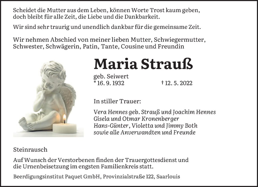  Traueranzeige für Maria Strauß vom 14.05.2022 aus saarbruecker_zeitung