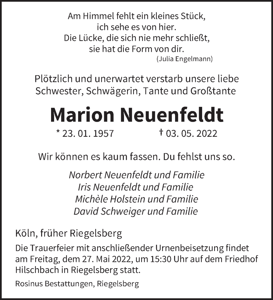  Traueranzeige für Marion Neuenfeldt vom 24.05.2022 aus saarbruecker_zeitung