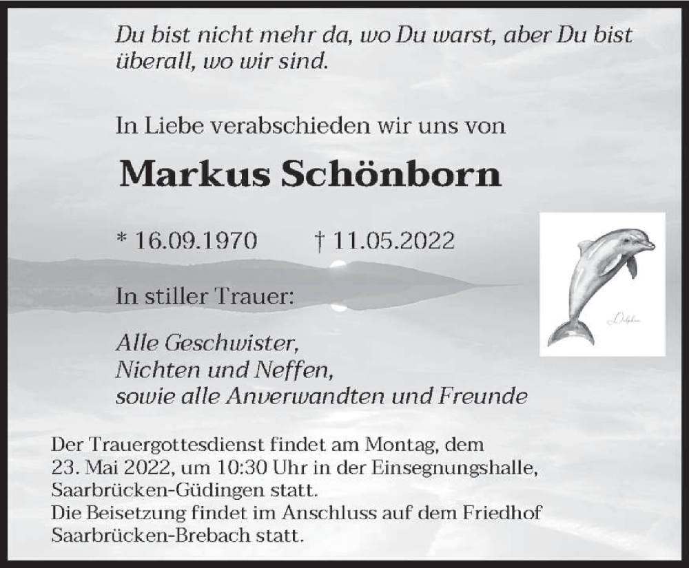 Traueranzeige für Markus Schönborn vom 14.05.2022 aus saarbruecker_zeitung