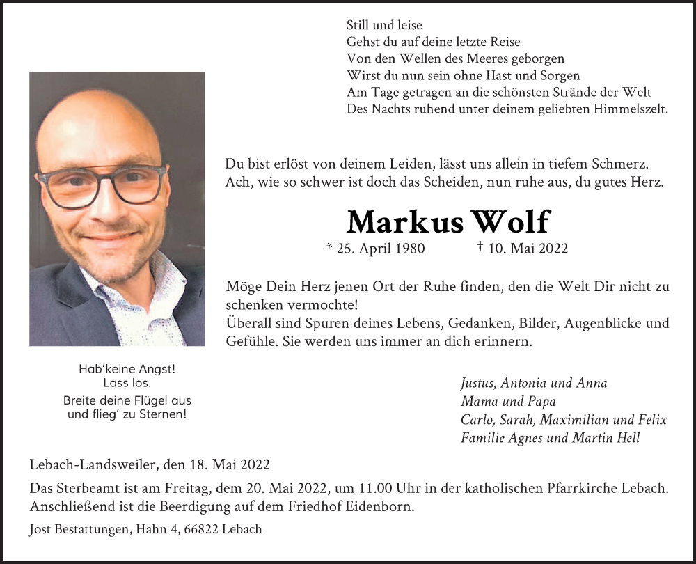  Traueranzeige für Markus Wolf vom 18.05.2022 aus saarbruecker_zeitung