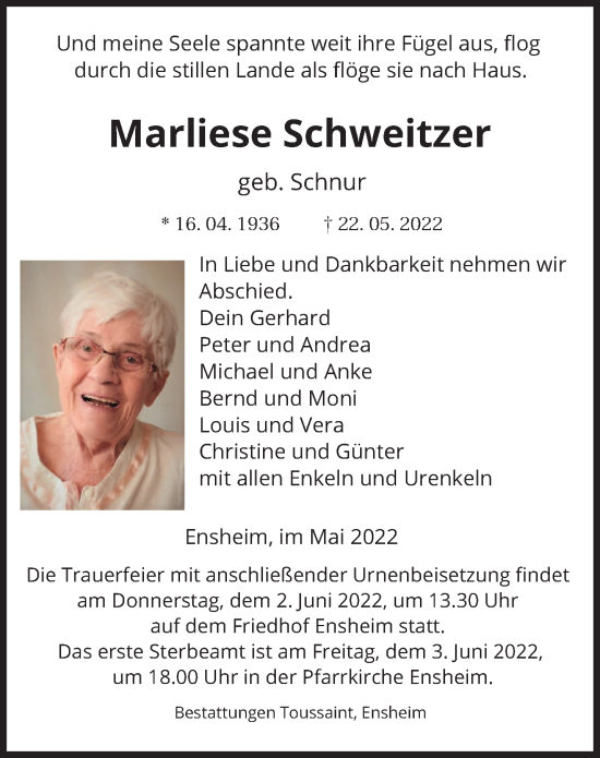 Traueranzeige von Marliese Schweitzer von saarbruecker_zeitung