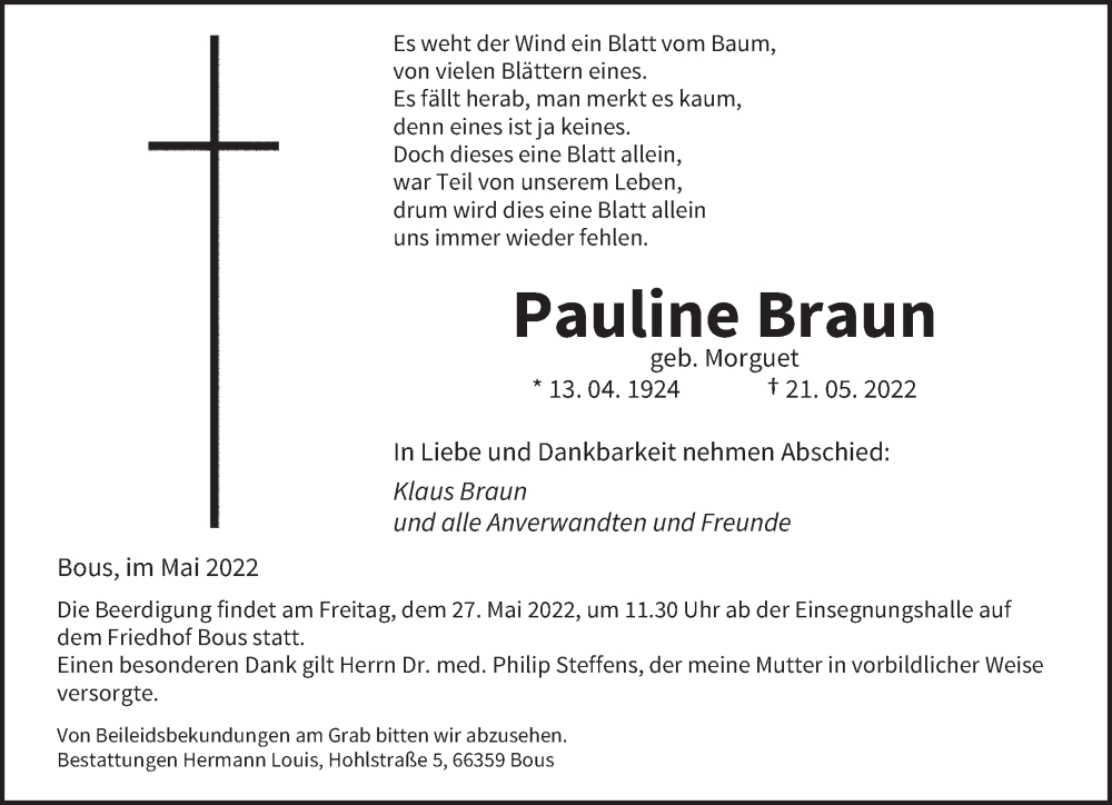  Traueranzeige für Pauline Braun vom 25.05.2022 aus saarbruecker_zeitung