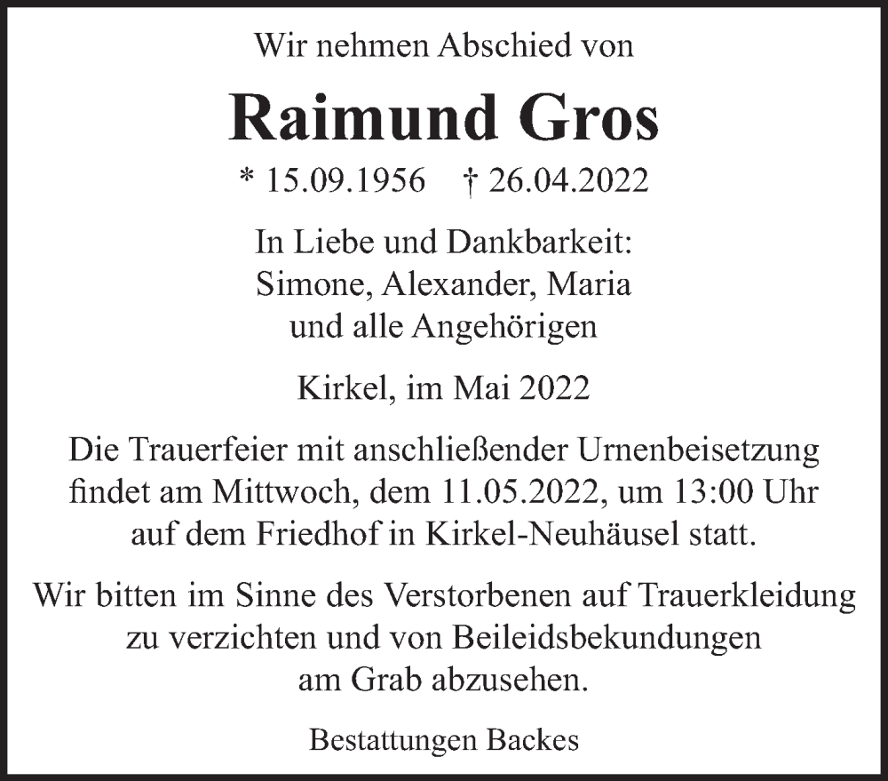  Traueranzeige für Raimund Gros vom 06.05.2022 aus saarbruecker_zeitung