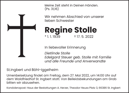 Traueranzeige von Regine Stolle von saarbruecker_zeitung