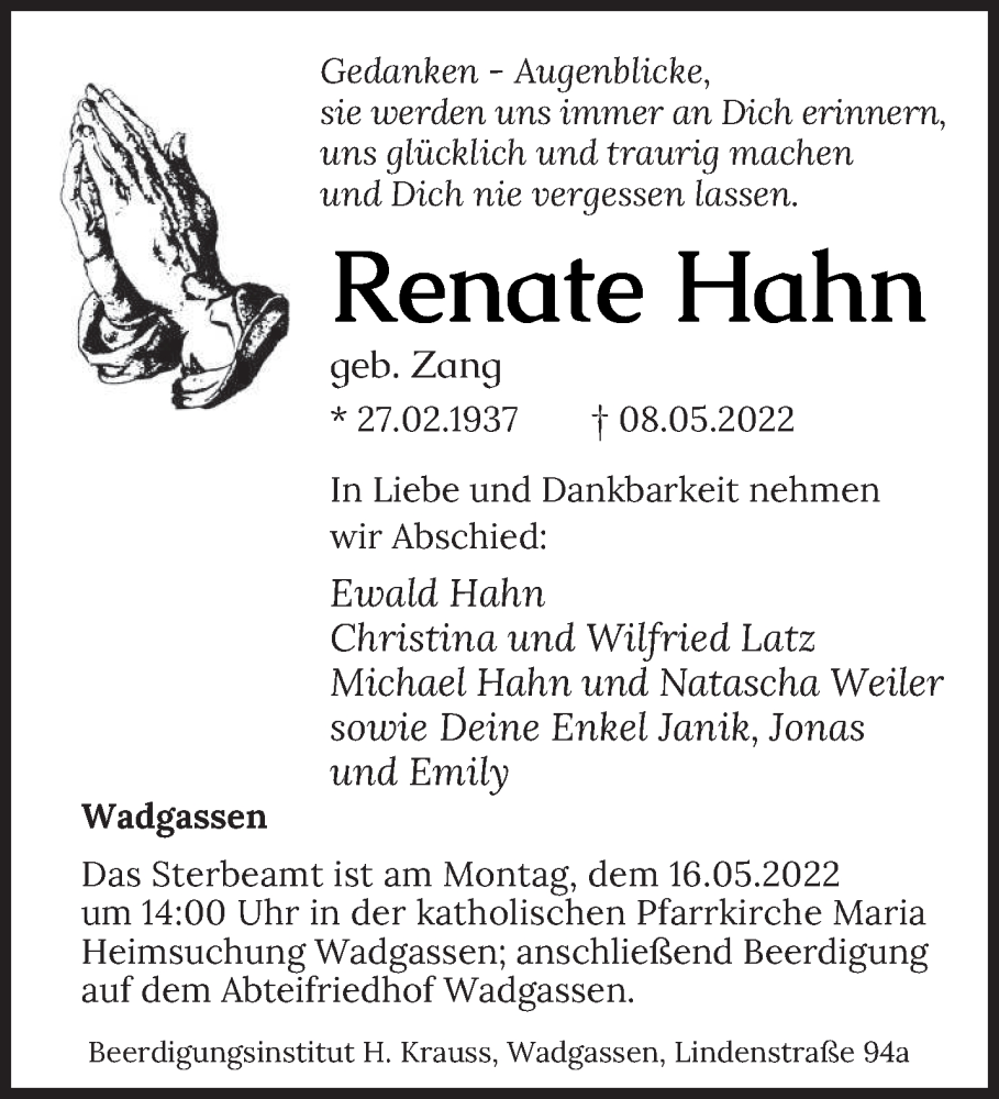  Traueranzeige für Renate Hahn vom 13.05.2022 aus saarbruecker_zeitung
