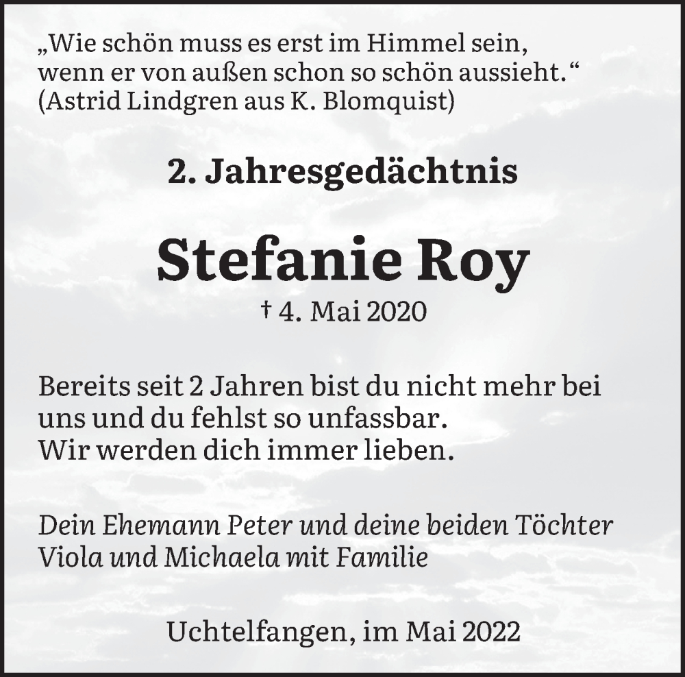  Traueranzeige für Stefanie Roy vom 04.05.2022 aus saarbruecker_zeitung