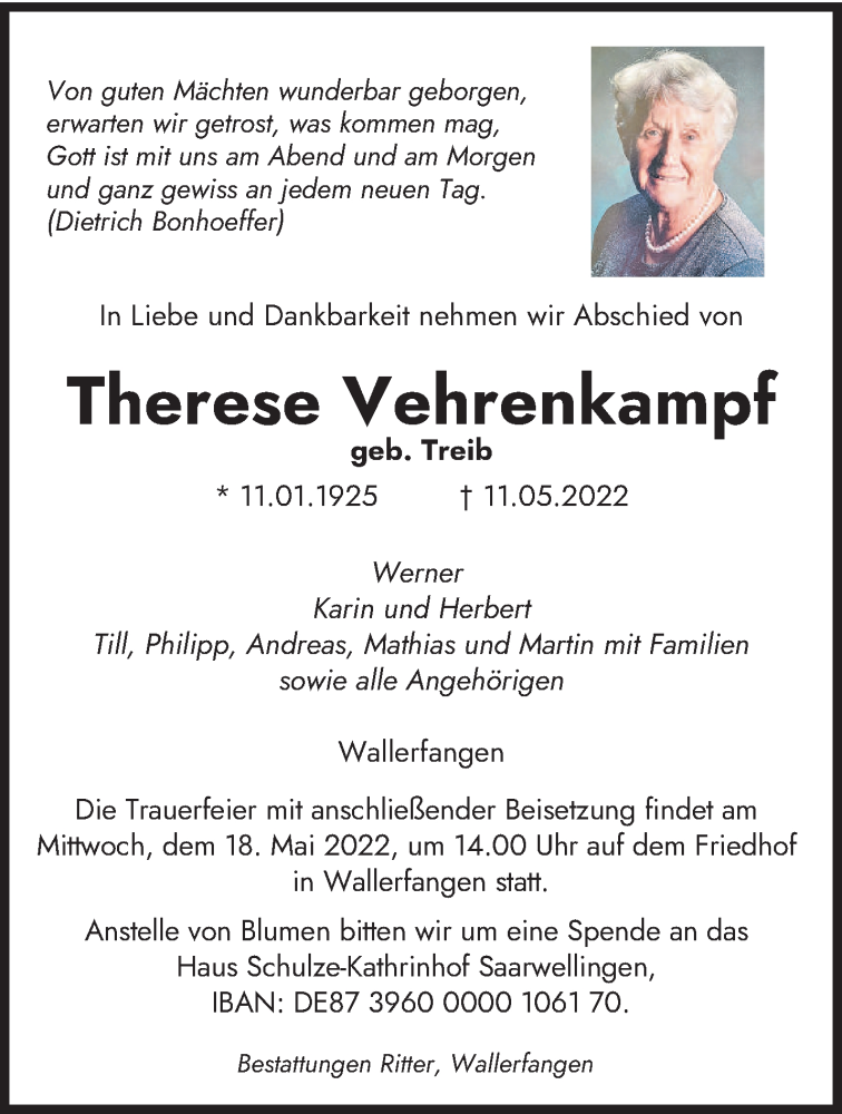  Traueranzeige für Therese Vehrenkampf vom 14.05.2022 aus saarbruecker_zeitung