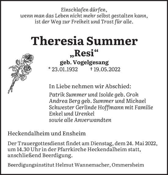 Traueranzeige von Theresia Summer von saarbruecker_zeitung