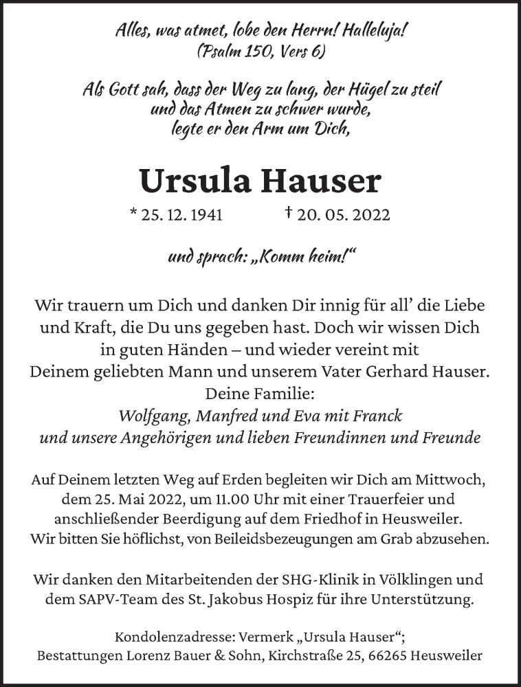  Traueranzeige für Ursula Hauser vom 24.05.2022 aus saarbruecker_zeitung
