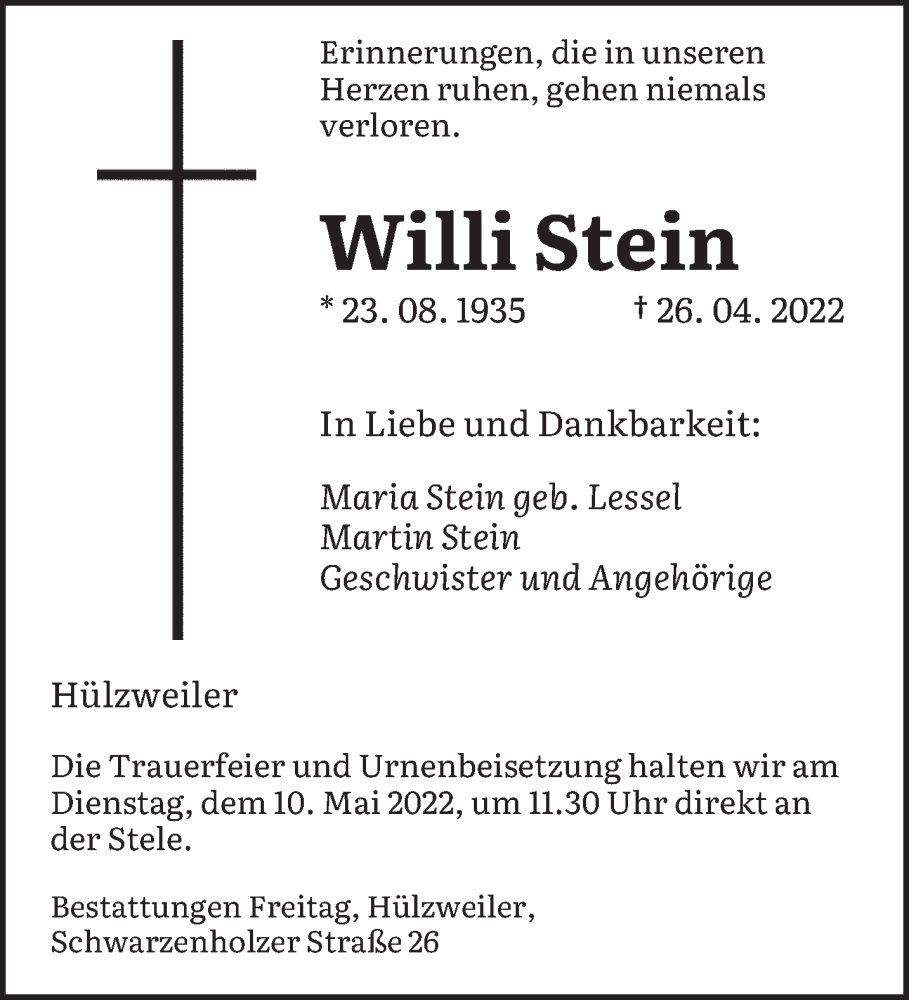  Traueranzeige für Willi Stein vom 07.05.2022 aus saarbruecker_zeitung