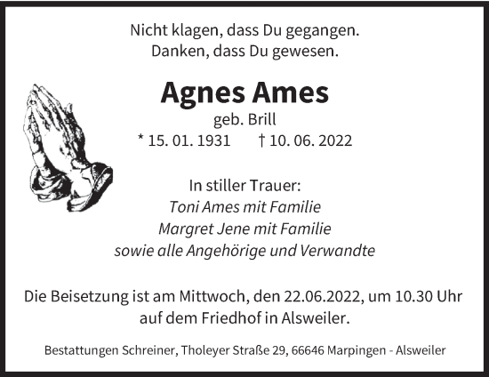 Traueranzeige von Agnes Ames von saarbruecker_zeitung