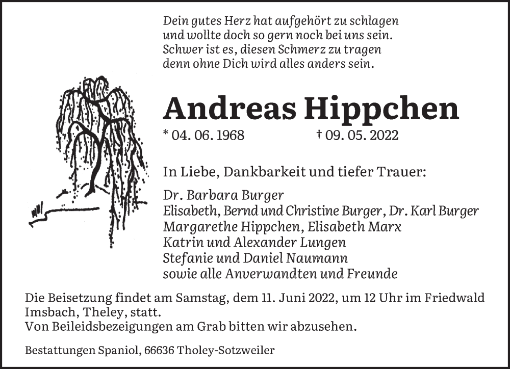  Traueranzeige für Andreas Hippchen vom 04.06.2022 aus saarbruecker_zeitung