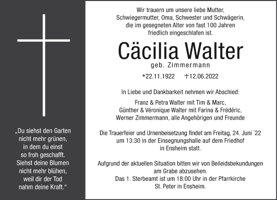 Traueranzeige von Cäcilia Walter von saarbruecker_zeitung