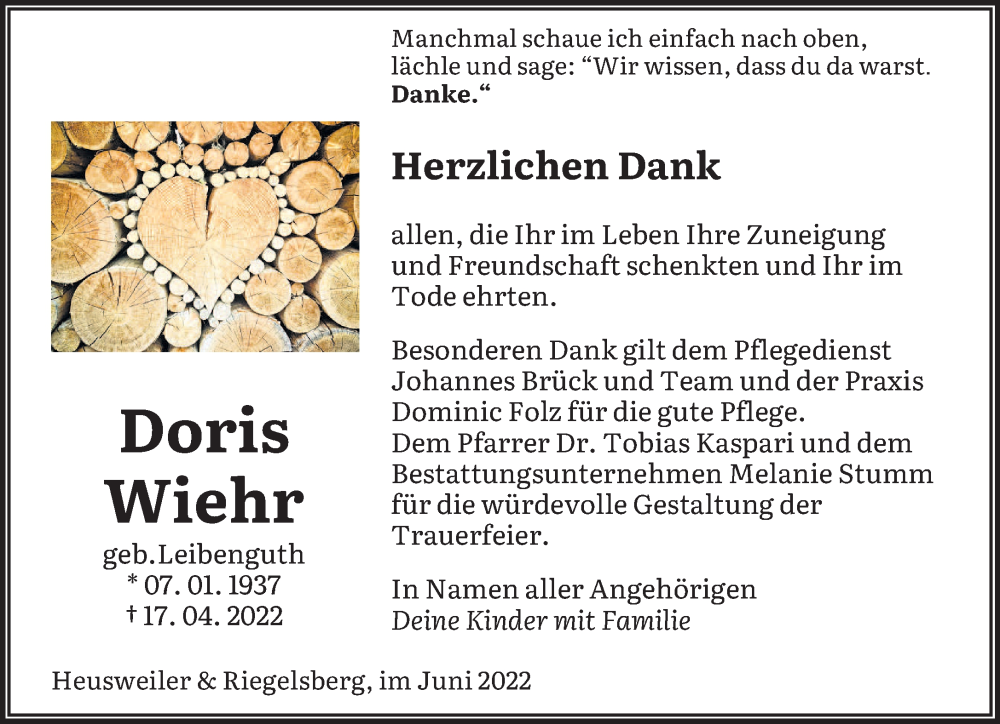  Traueranzeige für Doris Wiehr vom 18.06.2022 aus saarbruecker_zeitung