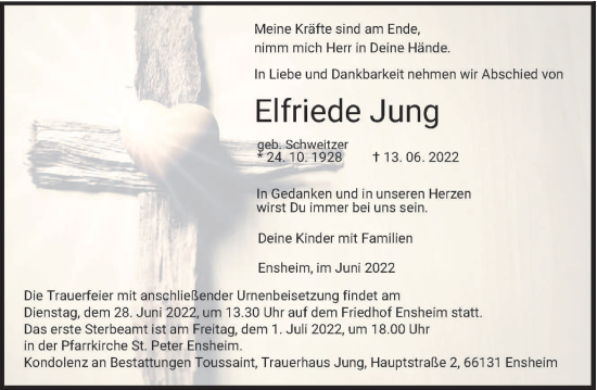 Traueranzeige von Elfriede Jung von saarbruecker_zeitung