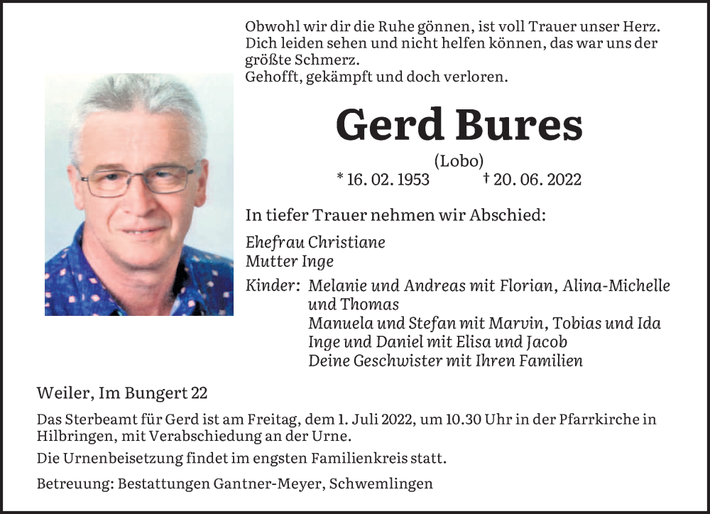  Traueranzeige für Gerd Bures vom 22.06.2022 aus saarbruecker_zeitung
