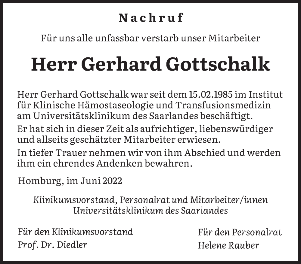  Traueranzeige für Gerhard Gottschalk vom 21.06.2022 aus saarbruecker_zeitung