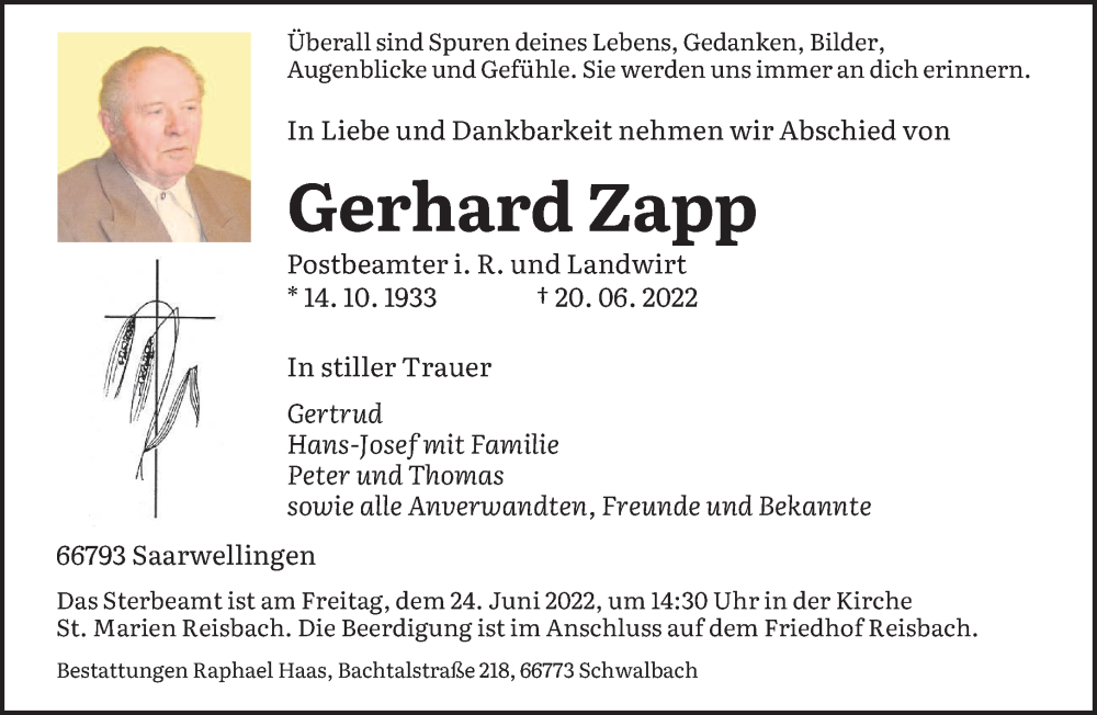  Traueranzeige für Gerhard Zapp vom 23.06.2022 aus saarbruecker_zeitung