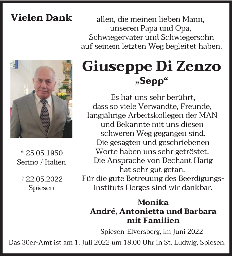  Traueranzeige für Giuseppe Di Zenzo vom 18.06.2022 aus saarbruecker_zeitung