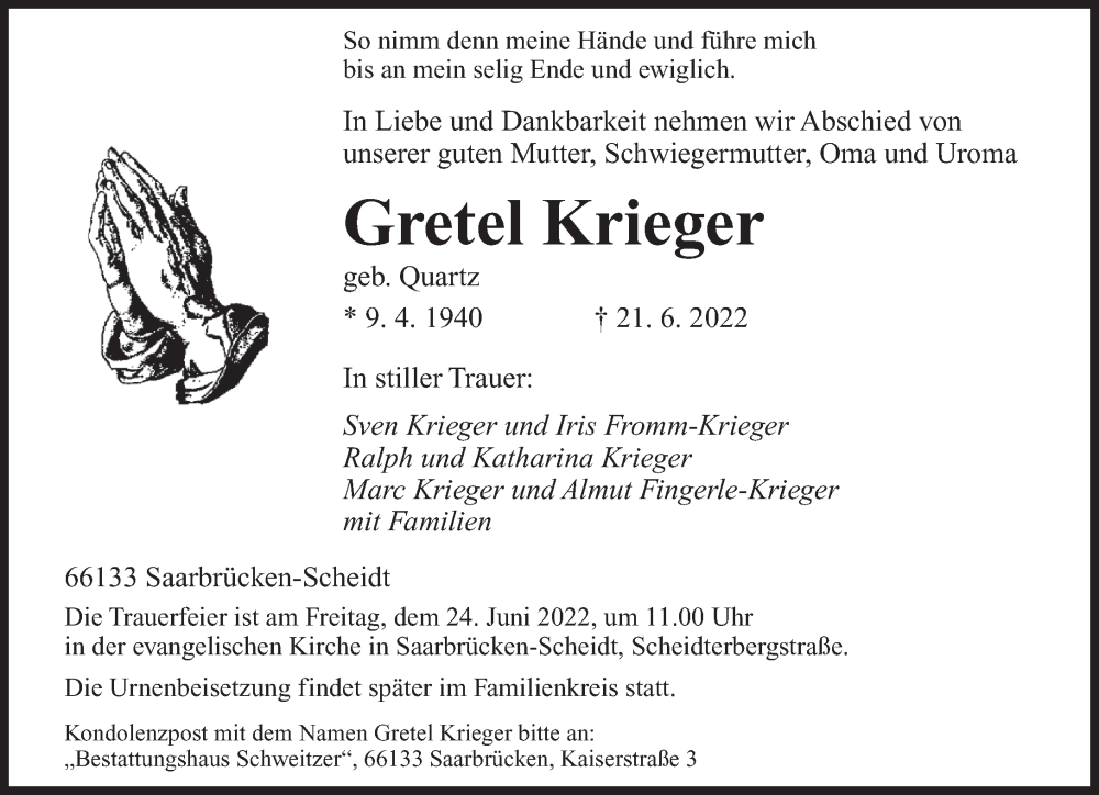  Traueranzeige für Gretel Krieger vom 23.06.2022 aus saarbruecker_zeitung