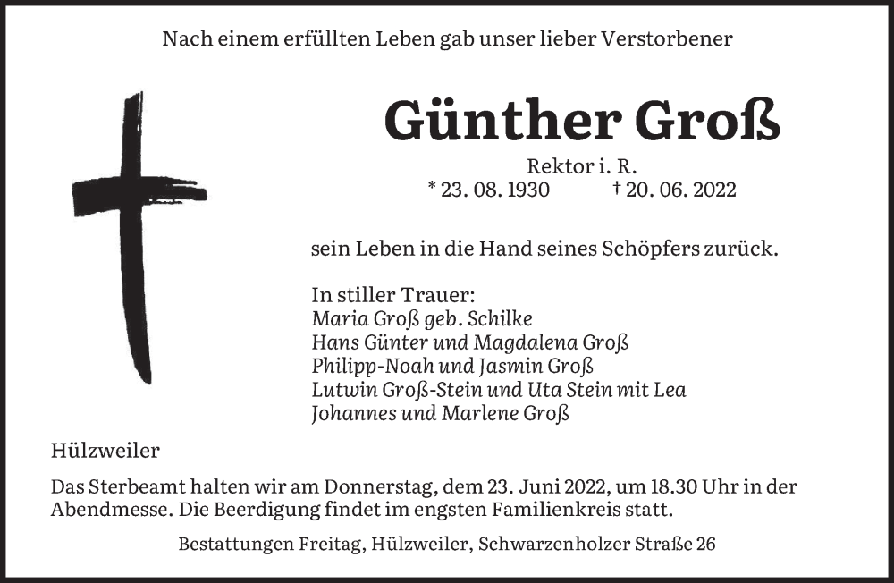  Traueranzeige für Günther Groß vom 22.06.2022 aus saarbruecker_zeitung