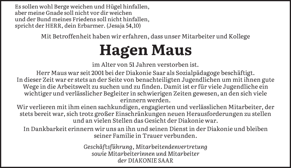  Traueranzeige für Hagen Maus vom 04.06.2022 aus saarbruecker_zeitung