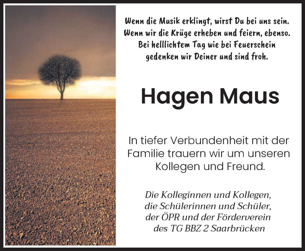  Traueranzeige für Hagen Maus vom 25.06.2022 aus saarbruecker_zeitung