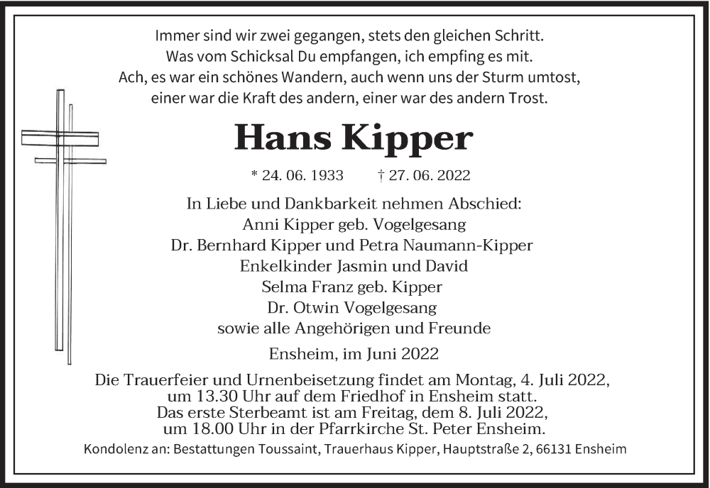  Traueranzeige für Hans Kipper vom 29.06.2022 aus saarbruecker_zeitung