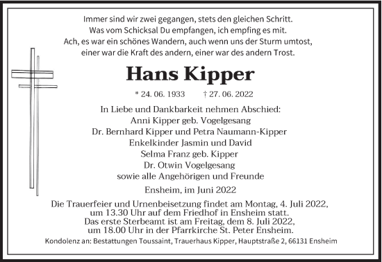 Traueranzeige von Hans Kipper von saarbruecker_zeitung