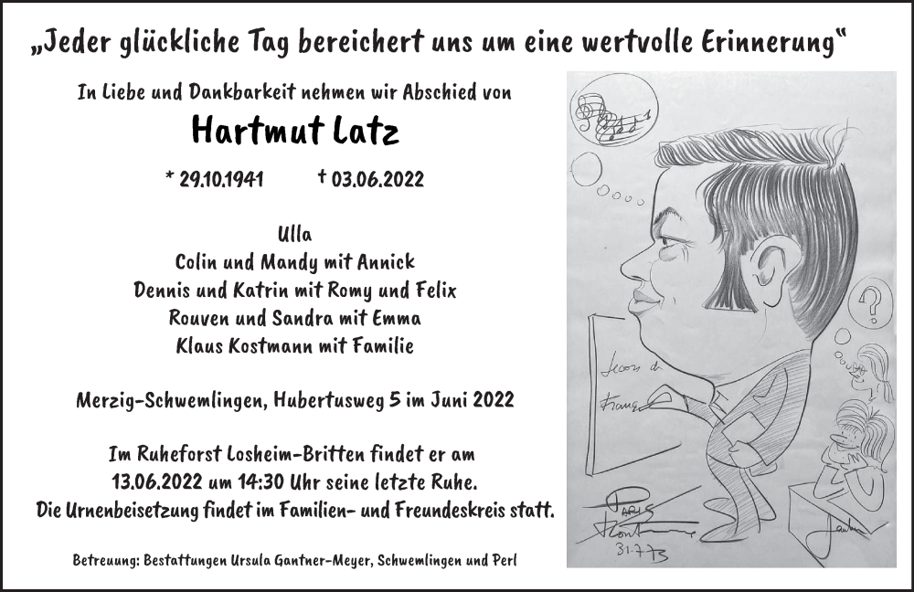  Traueranzeige für Hartmut Latz vom 08.06.2022 aus saarbruecker_zeitung