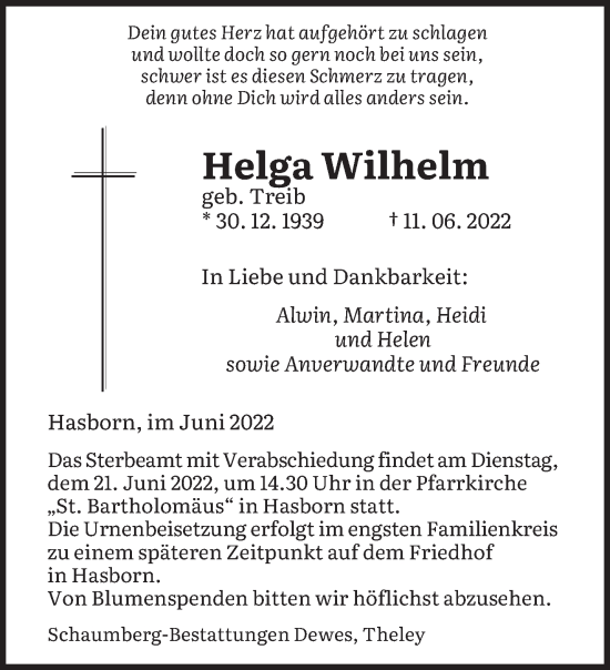 Traueranzeige von Helga Wilhelm von saarbruecker_zeitung