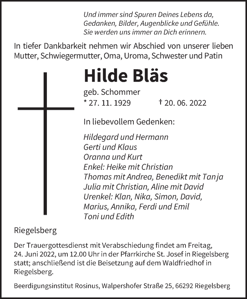  Traueranzeige für Hilde Bläs vom 22.06.2022 aus saarbruecker_zeitung