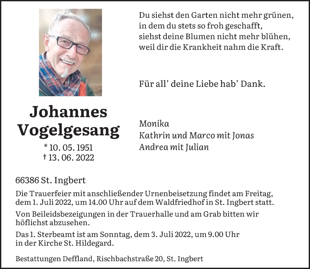  Traueranzeige für Johannes Vogelgesang vom 25.06.2022 aus saarbruecker_zeitung