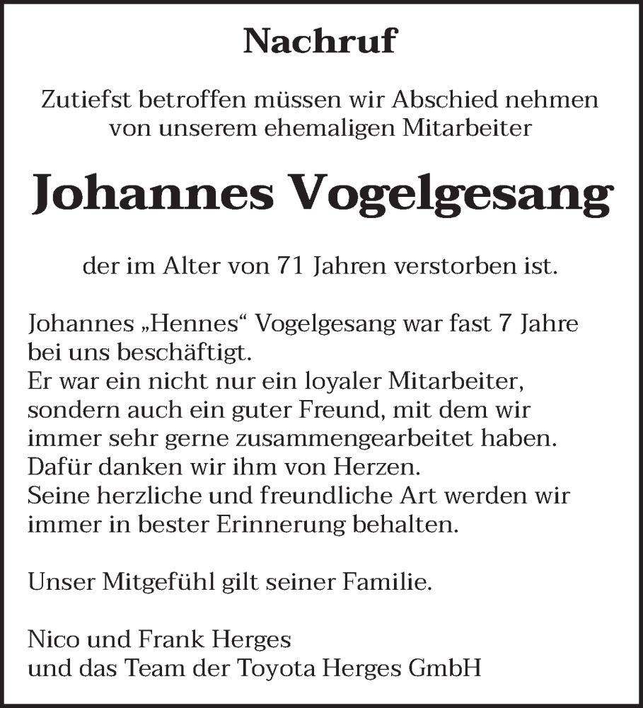  Traueranzeige für Johannes Vogelgesang vom 25.06.2022 aus saarbruecker_zeitung