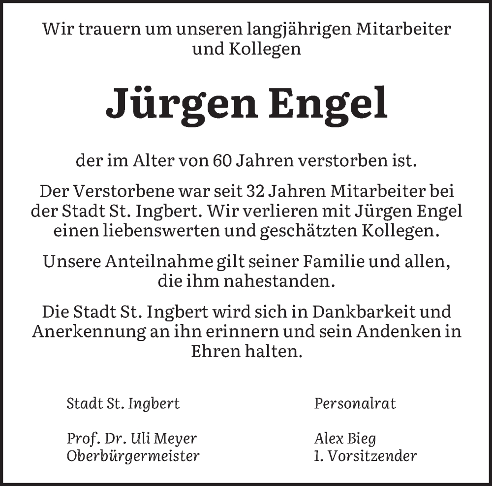  Traueranzeige für Jürgen Engel vom 04.06.2022 aus saarbruecker_zeitung