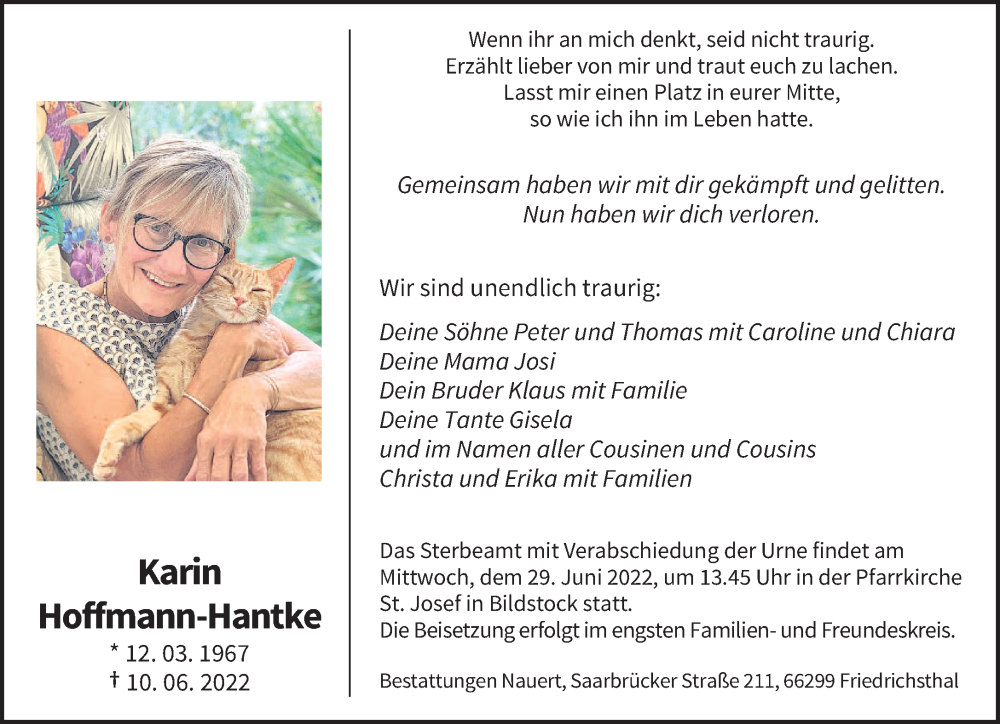  Traueranzeige für Karin Hoffmann-Hantke vom 18.06.2022 aus saarbruecker_zeitung