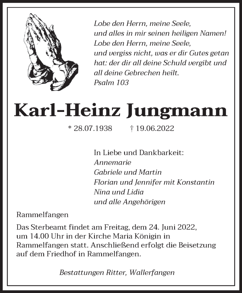  Traueranzeige für Karl-Heinz Jungmann vom 22.06.2022 aus saarbruecker_zeitung