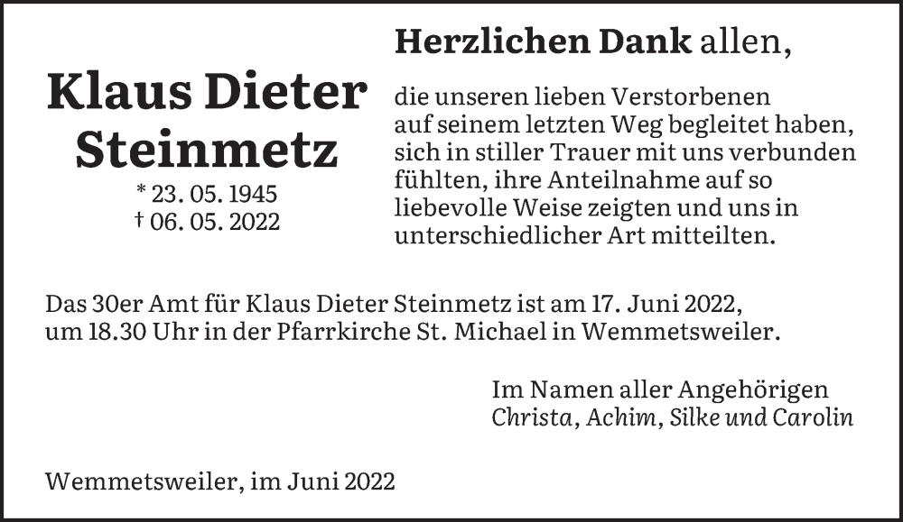  Traueranzeige für Klaus Dieter Steinmetz vom 15.06.2022 aus saarbruecker_zeitung