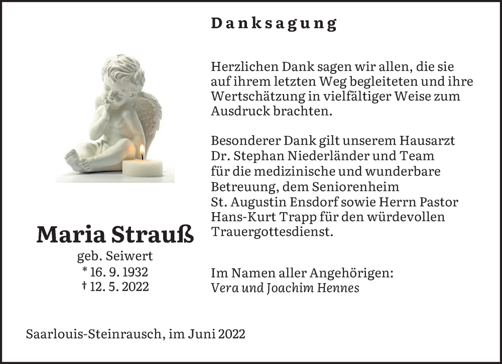  Traueranzeige für Maria Strauß vom 04.06.2022 aus saarbruecker_zeitung