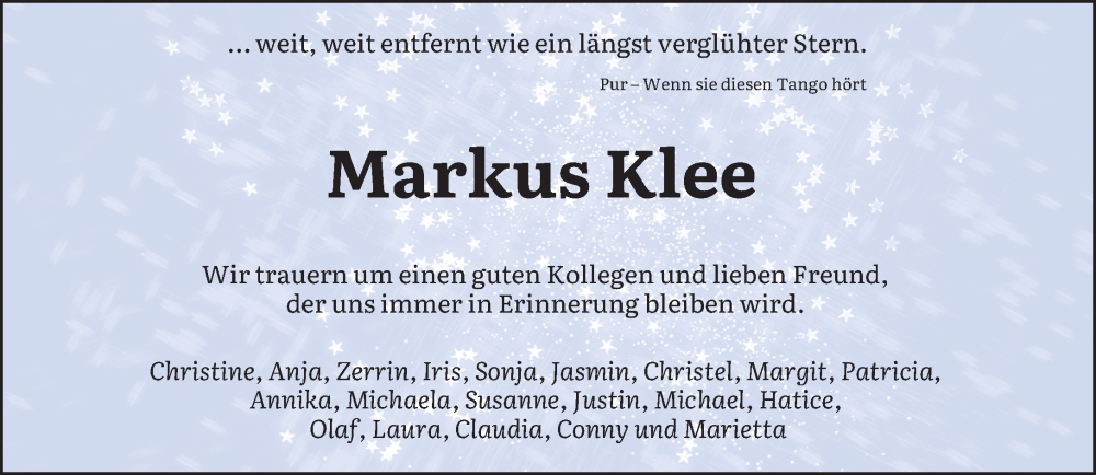  Traueranzeige für Markus Klee vom 25.06.2022 aus saarbruecker_zeitung