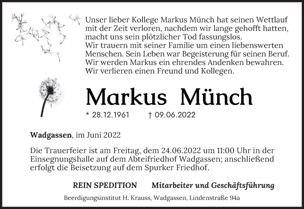  Traueranzeige für Markus Münch vom 18.06.2022 aus saarbruecker_zeitung