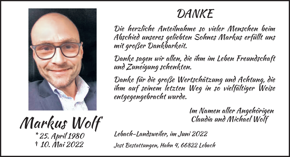  Traueranzeige für Markus Wolf vom 11.06.2022 aus saarbruecker_zeitung