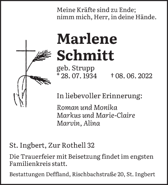 Traueranzeige von Marlene Schmitt von saarbruecker_zeitung