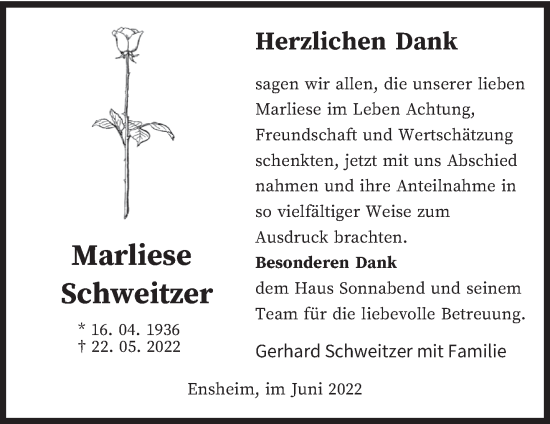 Traueranzeige von Marliese Schweitzer von saarbruecker_zeitung