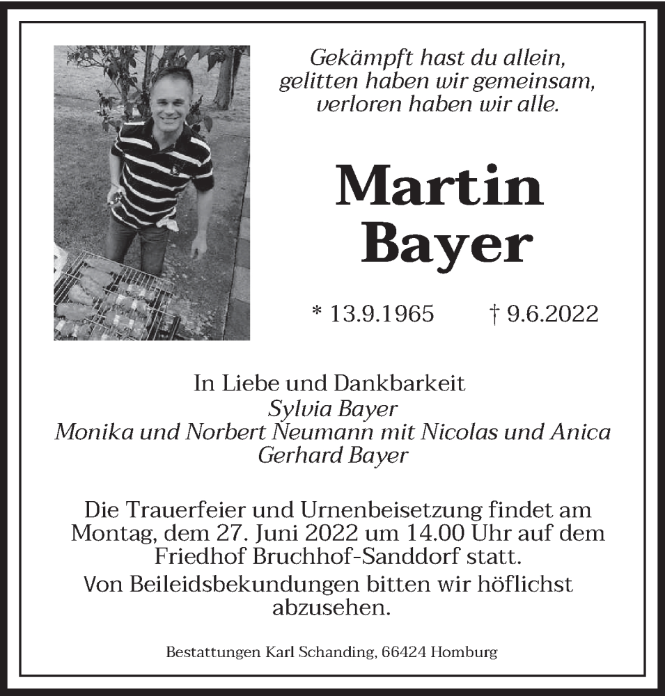  Traueranzeige für Martin Bayer vom 22.06.2022 aus saarbruecker_zeitung