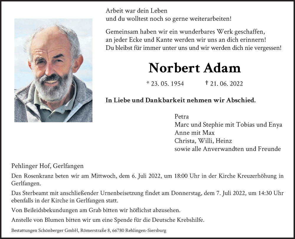  Traueranzeige für Norbert Adam vom 25.06.2022 aus saarbruecker_zeitung