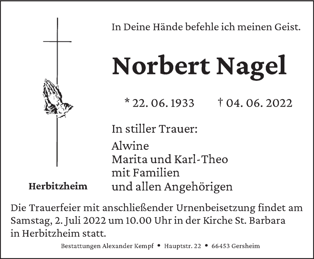  Traueranzeige für Norbert Nagel vom 27.06.2022 aus saarbruecker_zeitung