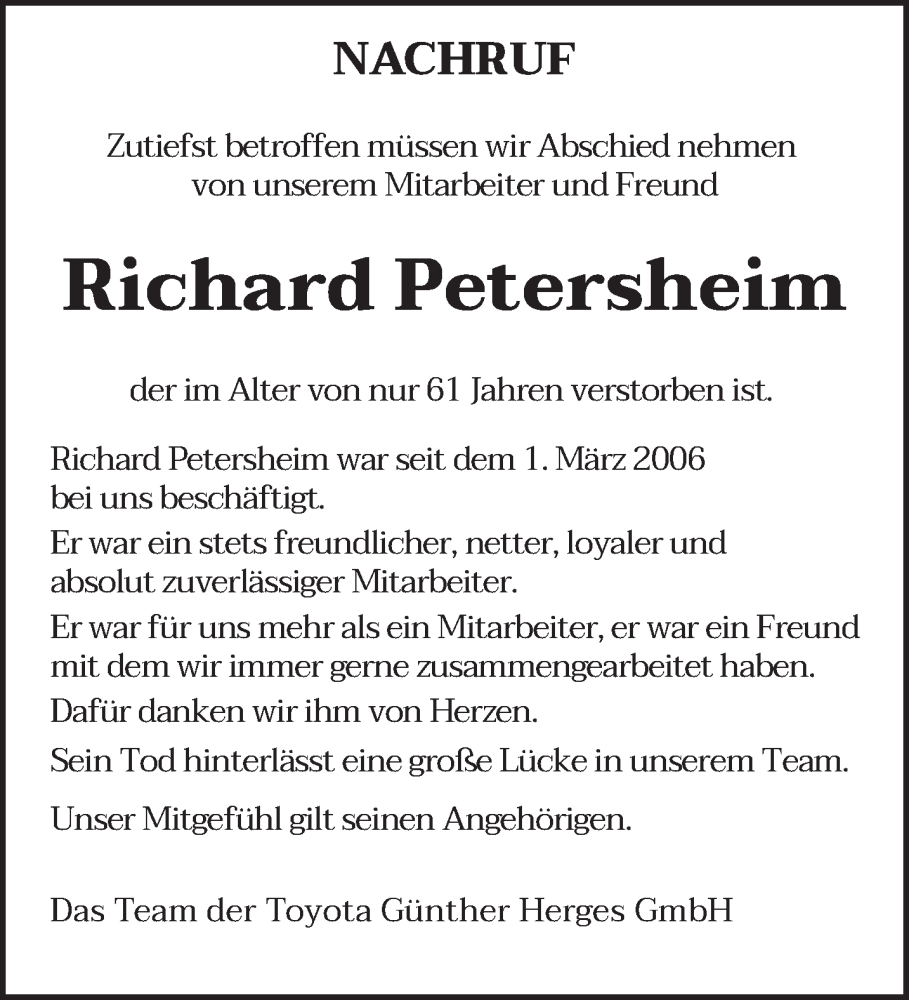  Traueranzeige für Richard Petersheim vom 21.06.2022 aus saarbruecker_zeitung