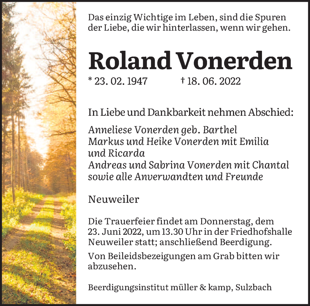  Traueranzeige für Roland Vonerden vom 22.06.2022 aus saarbruecker_zeitung
