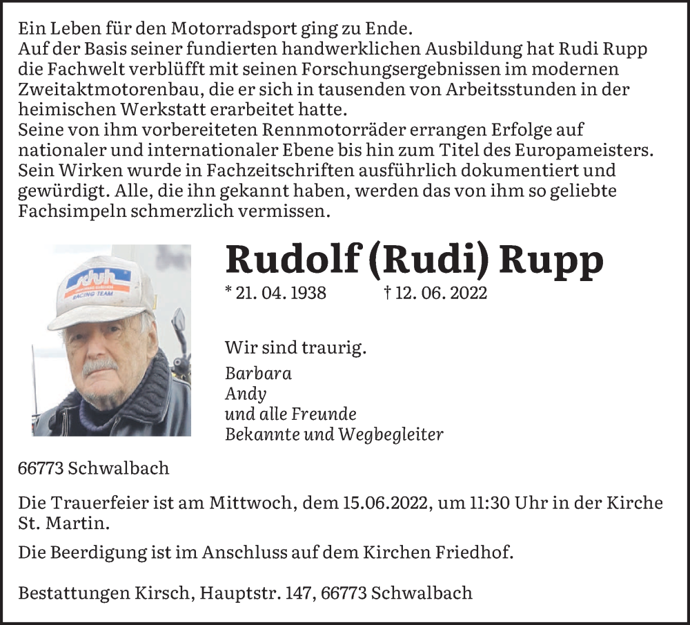  Traueranzeige für Rudolf Rupp vom 14.06.2022 aus saarbruecker_zeitung